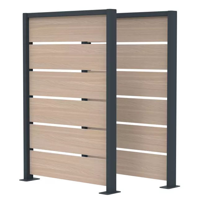 [36560] CACHE CONTENEURS ROKIM 2 PANS H 1450MM METAL GRIS RAL7016 HPL LAMES CHENE CLAIR /PLATINE