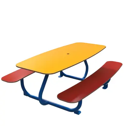TABLE +ASSISES TINY 6PL OVALE H560MM METAL BLEU RAL 5017 HPL JAUNE + ROUGE + TP Ø35