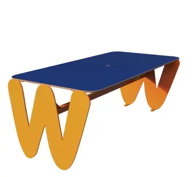 [39552] TABLE TINY 6PL RECT PIED LETTRE"W" H560MM METAL JAUNE RAL 1033 HPL BLEU + TP Ø35