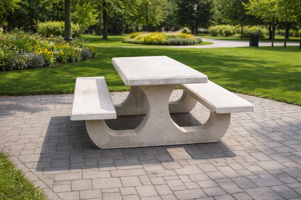 Table pique nique béton Dessus poli, chants restants bruts, sur pieds sablés. Coloris jaune très pâle Dimensions : Lxlxh : 200 x 157 x 80 cm Livré en kit 5 pièces Poids : environ 800 kg