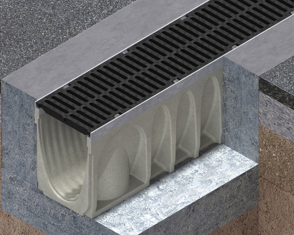 [FNHX100RGCM] Caniveau en béton polymère modèle MULTIV+ 100 R100G00R 1ML (Grille fonte nervurée antitalon C250)